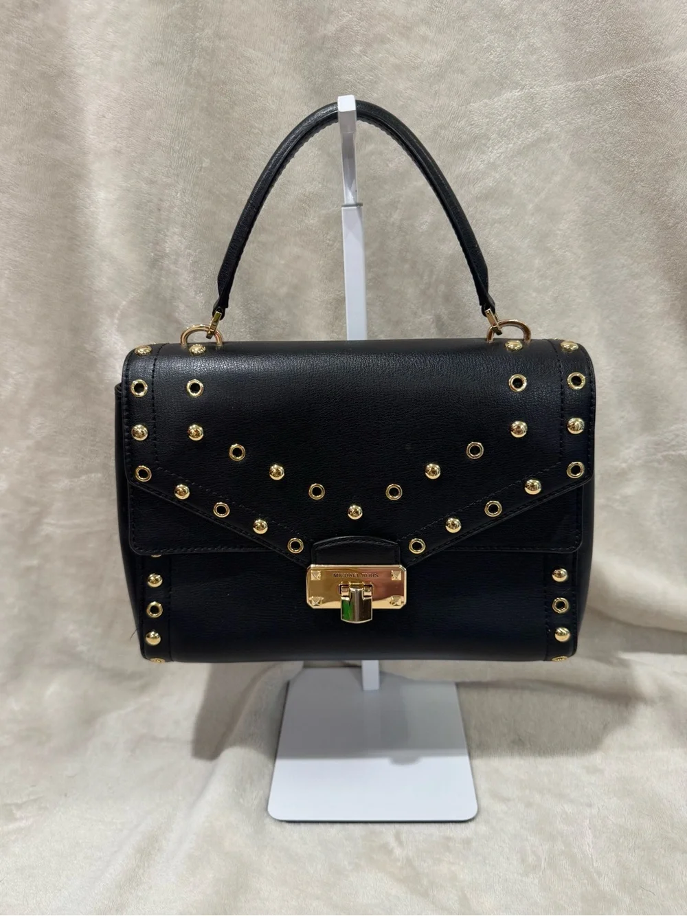Michael Kors Black Kinsley Leather Studded Leather Satchel - Gold Hardware